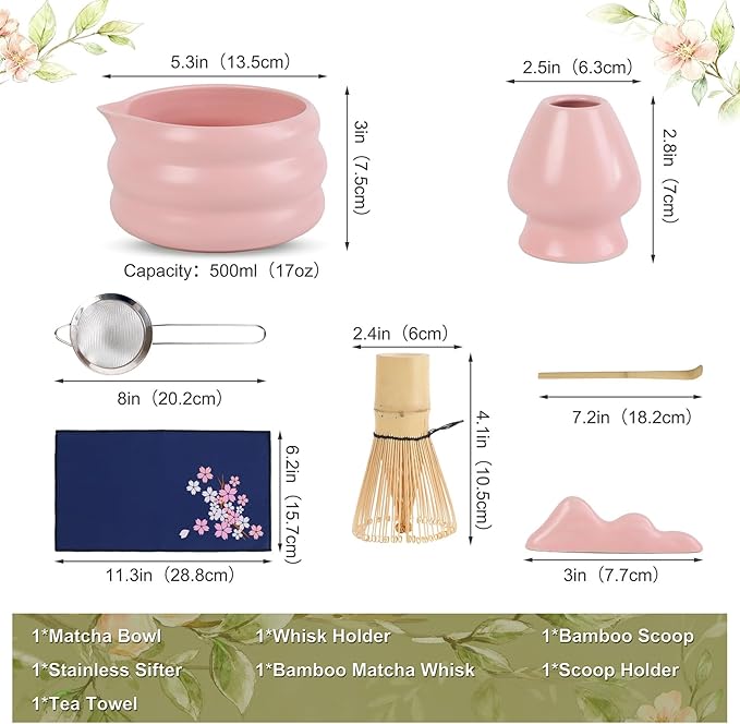 Pink Matcha Whisk Set, Ceramic Matcha Kit Set Includes Matcha Bowl, Matcha Whisk and Holder, Bamboo Scoop, Scoop Rest, Sifter and Tea Towel - 7 Pcs Matcha Kit for Matcha Lovers