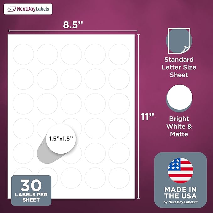 NextDayLabels – 1.5 Inch Round Sticker Labels for Printer - Matte White Blank Laser/Inkjet Printer Labels - Circle Stickers - Printable Labels (1500 Total)