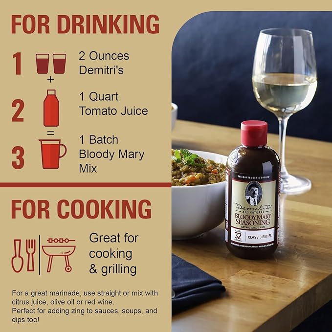 Demitri's Bloody Mary Seasoning Classic Recipe - Bloody Mary Mix - Concentrated Drink Mixer - Bold Rich Flavor - Perfect for Home Brunch Parties & Cocktails - 8oz Bottle (Pack of 3)
