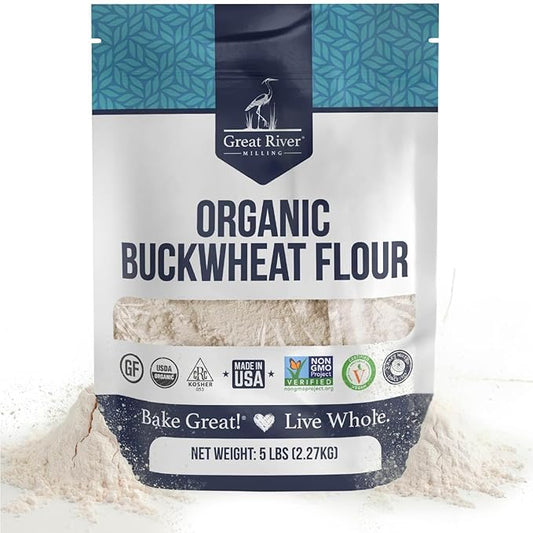 Great River Organic Milling Organic Buckwheat Flour | Gluten Free Flour Alternative | USDA Organic, Non-GMO, Kosher | Ideal for Crepes, Pancakes, Waffles, Baking & More | 5 Lb