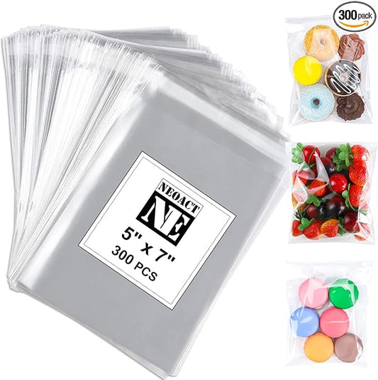 NEOACT 300 PCS 5"x7" Clear Resealable Cellophane Bags Good for Bakery, Candle, Soap, Cookie Poly Bags.