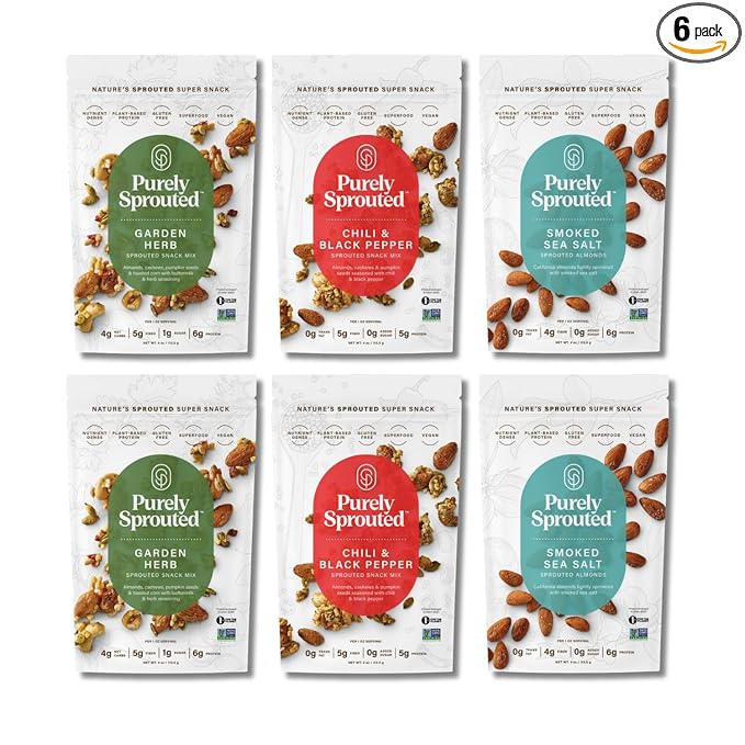 Purely Sprouted Savory Sampler, Non-GMO Superfood for Healthy, Certified USDA Organic, Gluten-Free Snacking (4 oz, 6 pack)