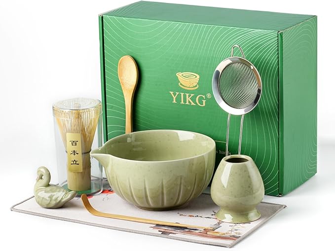 Matcha Whisk Set - 8PCS Japanese Tea Set Includes Matcha Bowl, Bamboo Whisk with Ceramic Holder, Bamboo Scoop, stainless steel sifter, tea towel, handle scoop,Matcha Kit for Friend(Mottled Green)