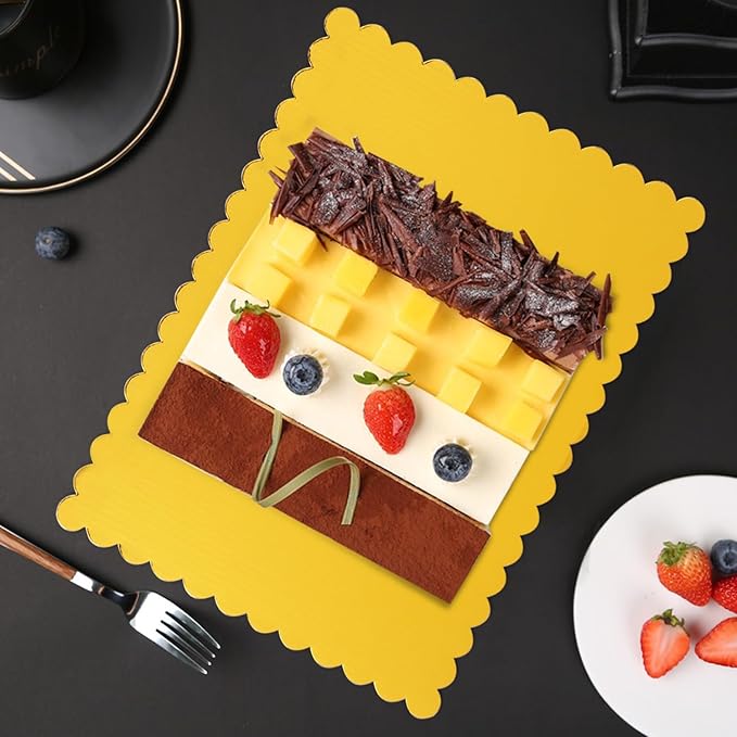 50 Pcs Gold Cake Boards, 14 x 10 Inch Rectangular Cardboard Cake Base, Scalloped Edges, Disposable Paper Cake Board for Elegant Dessert Presentation & Versatile Use
