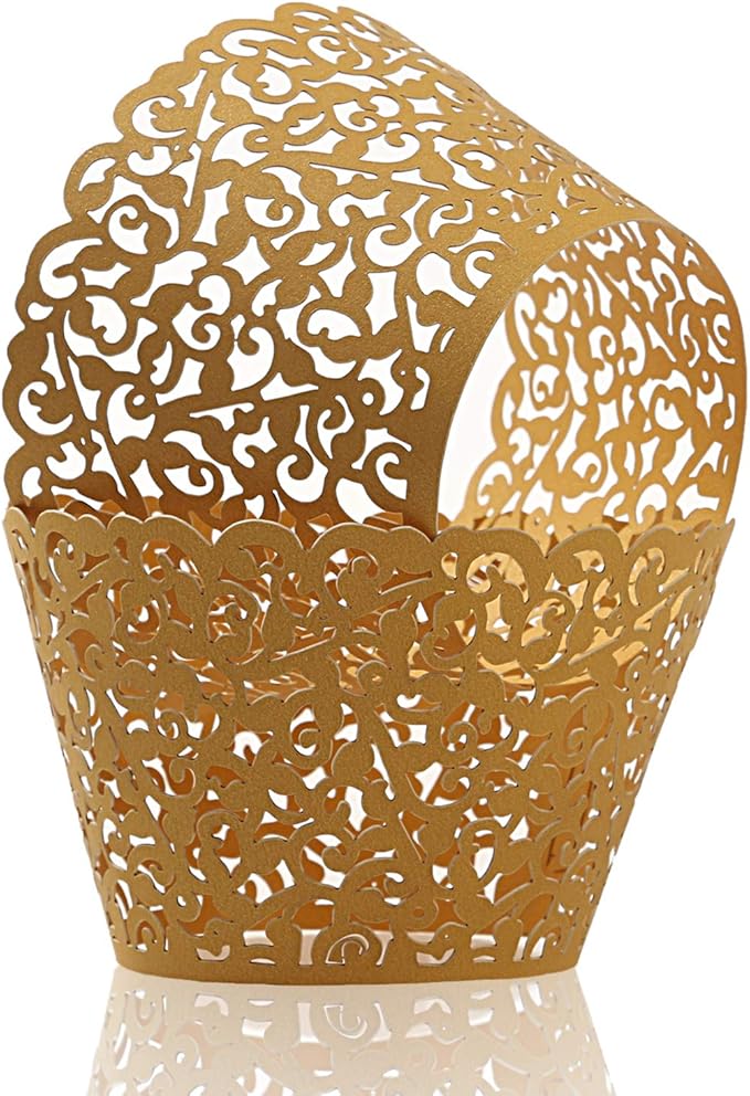 KPOSIYA Pack of 120 Cupcake Wrappers Artistic Bake Cake Paper Cups Vine Designed Laser Cut Cupcake Wraps Baking Cup Muffin Case Trays for Wedding Baby Shower Party Birthday Decoration (120, Gold)