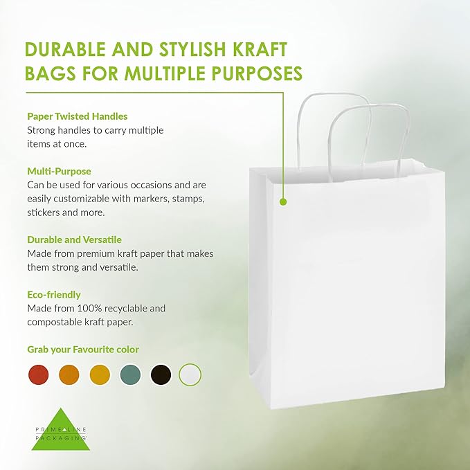 Prime Line Packaging White Paper Bags, Kraft Gift Bags with Handles for Small Business, Boutique, Retail, Shopping, Birthdays, Party Favors, Bulk, 8x4x10, 100 Pack