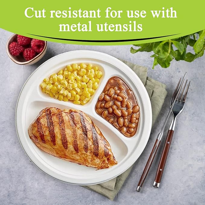 three leaf 10" 3 COMPARTMENT BAGASSE ROUND PLATE, 500 Ct. Heavy-Duty- Super Strong- Natural- Eco-Friendly Disposable Bagasse Plates, 100% Biodegradable 10 inch 3 compartment plates