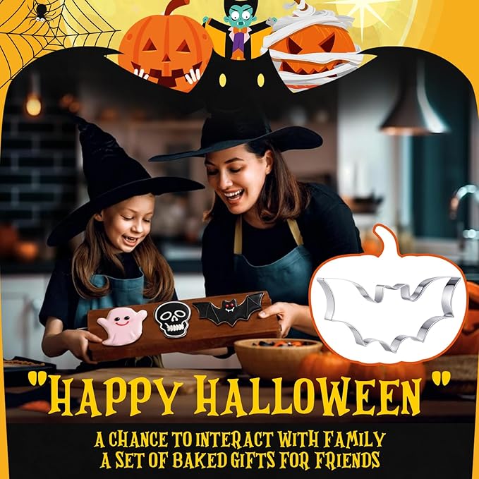 6 Pcs Large Halloween Cookie Cutters 8" Stainless Steel Metal Halloween Baking Cookie Molds for Holiday, Ghost, Bat, Pumpkin, Witch's Hat, Scared Cat, Skull