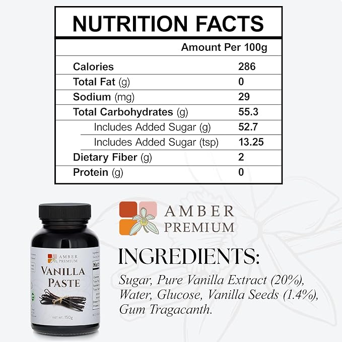 Amber Premium Pure Vanilla Bean Paste 150g / 4 fl oz (US) - Made with Authentic Madagascar Vanilla Extract - Vegan, Kosher, Chef Recommended for Baking, Desserts, and Pastries