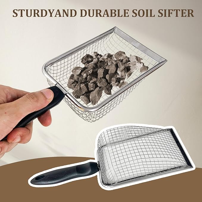 2 PCS Gardening Soil Sifter 3.8 & 5mm Mesh Stainless Steel Compost Sieves with Handle Portable Scoop Shovels for Soil, Rocks, Sand, Dirt