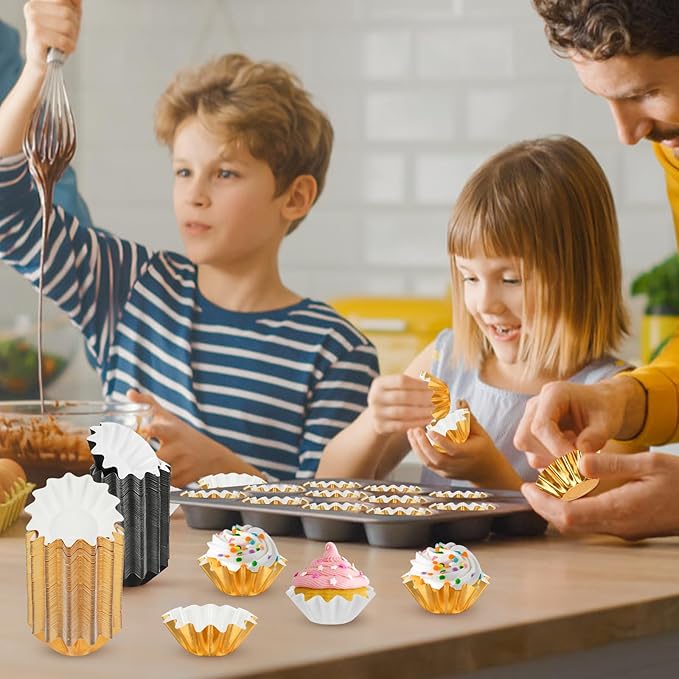 200 PCS Baking Cups Cupcake Liner Flared Brioche Standard Muffin Wrappers Greaseproof Coated Paper Cup for Wedding Birthday Holiday Party or Baby Shower (Gold+Black)