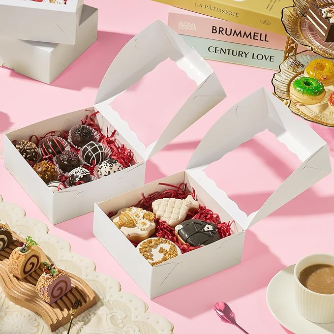 RomanticBaking 20PCS 6x6x2.5 Inches Elegant Bakery Boxes with Window,Ideal for Cookies,Chocolate Covered Strawberries, Cakes, Macarons, Truffles,and More,Easy to Assemble, Transparent Window,