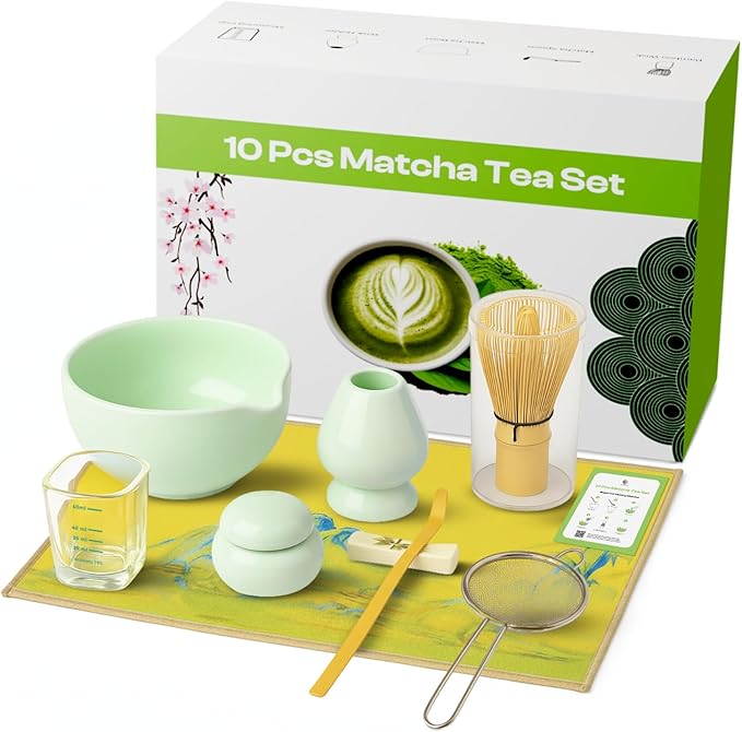 10 Pcs Matcha Kit Set, Ceramic Matcha Set Includes 17oz Matcha Bowl, Bamboo Whisk and Scoop, Whisk Holder, Sifter, Scoop holder, Measuring Cup, Powder Caddy, Tea Towel and Instruction Manual (Green)