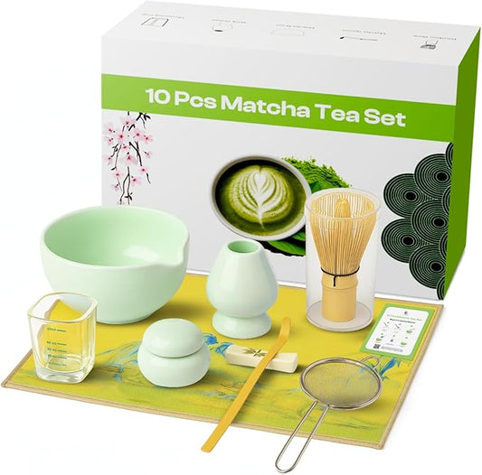 10 Pcs Matcha Kit Set, Ceramic Matcha Set Includes 17oz Matcha Bowl, Bamboo Whisk and Scoop, Whisk Holder, Sifter, Scoop holder, Measuring Cup, Powder Caddy, Tea Towel and Instruction Manual (Green)