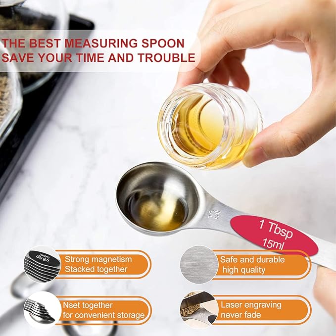 NIUTA Magnetic measuring spoons set, stackable on both sides, Germany stainless steel, for use in spice jars and liquids, set of 9-Multicolour