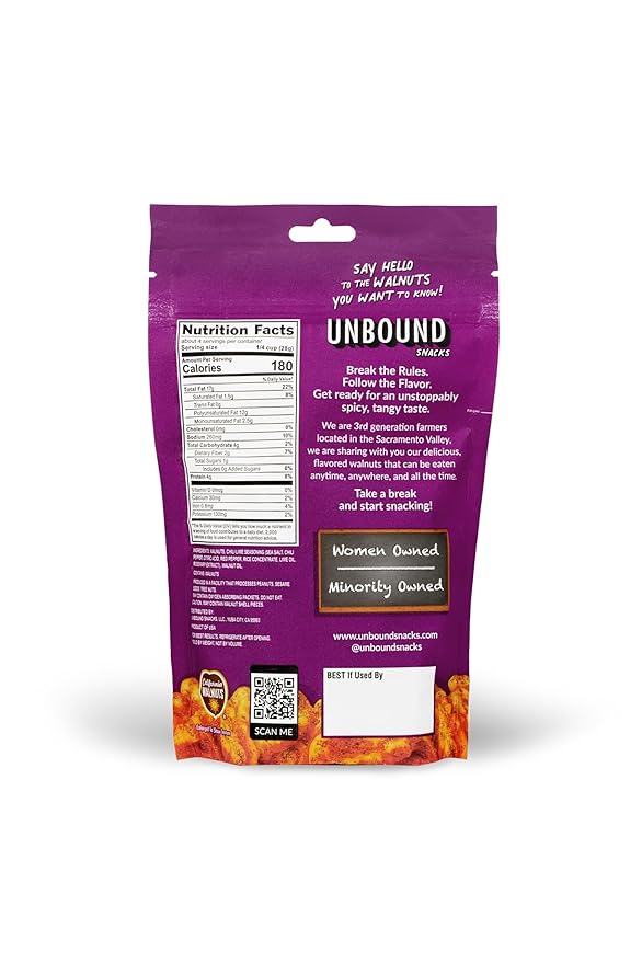Unbound Snacks Flavored Nuts - Chili Lime Walnuts, 4 oz (Pack of 4) - Healthy Snacks, 4g Protein, 1g Sugar, High in Omega 3, Gluten Free, Vegan - Freshly Roasted & Seasoned Gourmet Walnut Halves