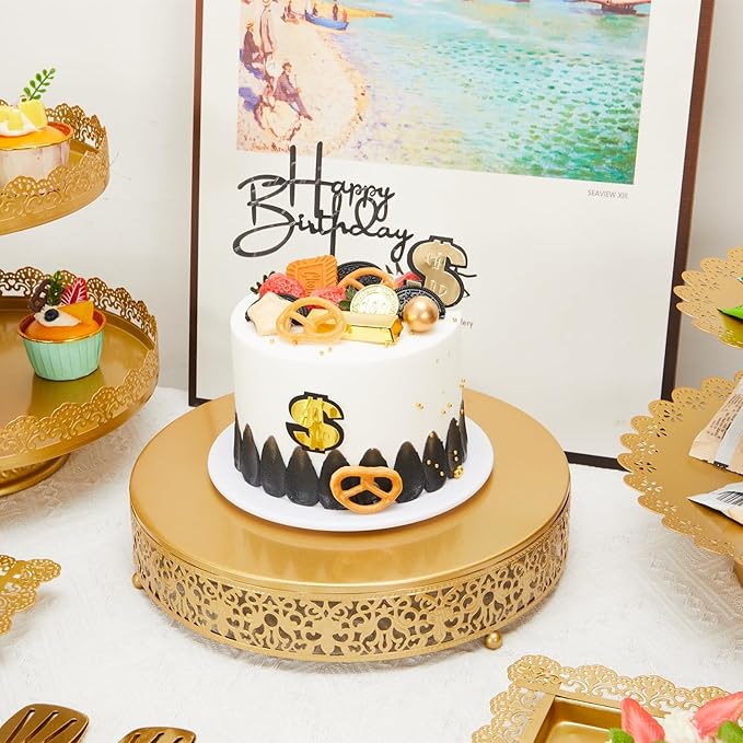 MTJYQTF Gold Cake Stand Set - Metal Round Cupcake Dessert Stand with Cake Cutting & Cake Spatula for Party, Candy Table Display for Wedding Birthday Baby Shower（12x12x2.4 IN） CS003-pan