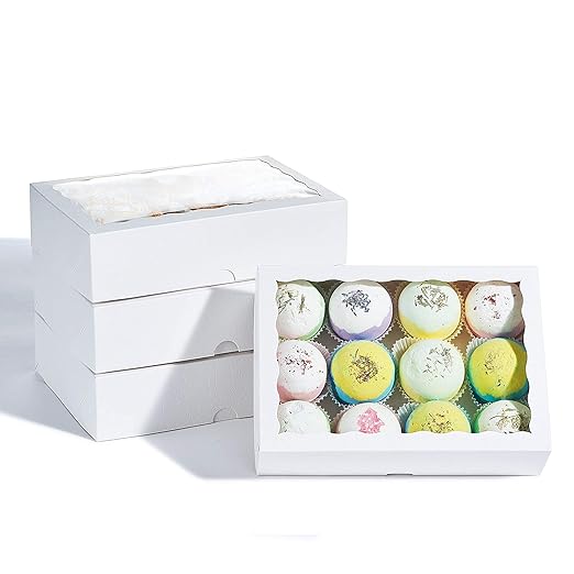 50PCS 10 x 7 x 2.5 inches One Piece White Bakery Boxes, Strawberry Boxes, Elegant White Cookie Boxes with Display Window