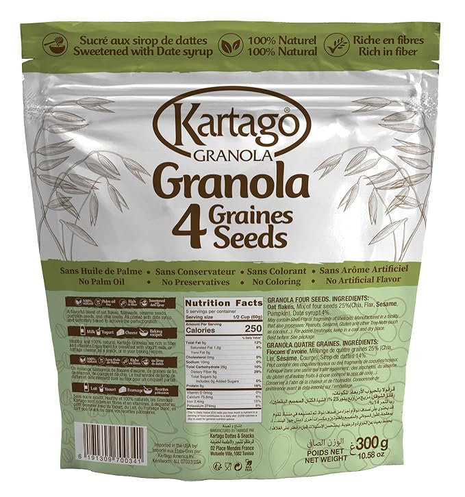 Kartago Granola Cereals 4 Seeds (Chia, Flax, Sesame, Pumpkin), Naturally Sweetened with Date Syrup, Healthy Breakfast, 10.58 oz, (Pack of 2)