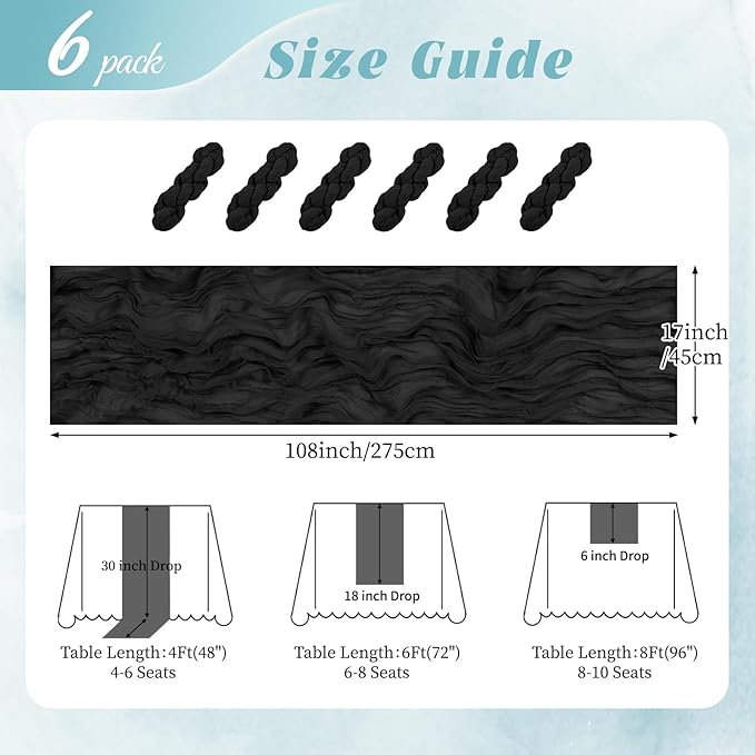 6 Pack Black Cheesecloth Table Runner 17x108 Inch Semi Sheer Boho Gauze Cheese Cloth Fabric Table Runners, for Wedding Party Baby Shower Birthday Home Decor Garden Farmhouse