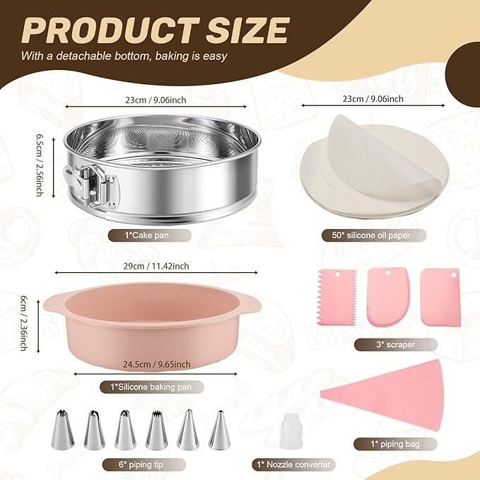9 Inch Springform Pan sets, Nonstick Leakproof 304 Stainless Steel Springform Cake Pan with Removable Bottom, Silicone Pan Protector & 50PCS Parchment Paper, Piping Bags and Tips, Cake Leveler