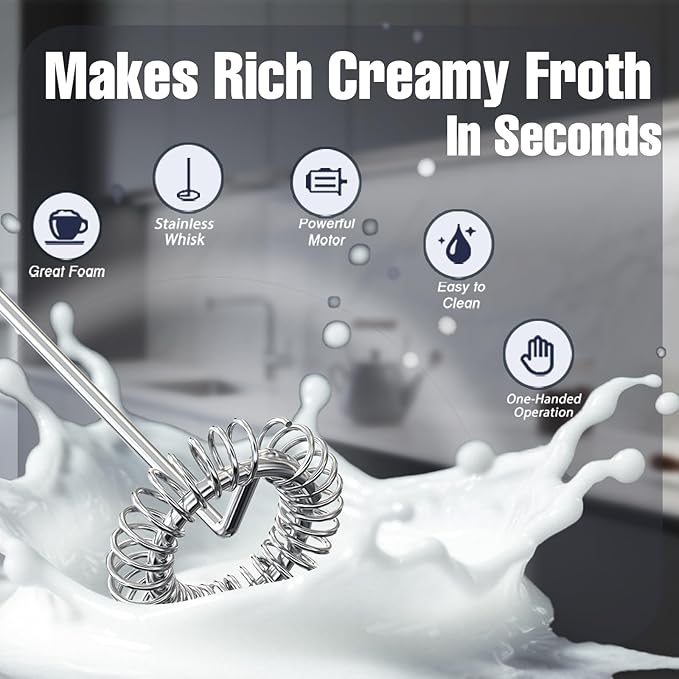Handheld Milk Frother, Fast Powerful Drink Mixer Battery operated with Stainless Steel Whisk for Coffee (White with Stand)