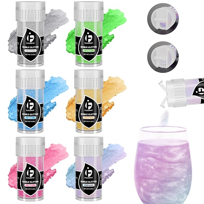 Edible Glitter for Cocktails, Edible Luster Dust 6 Colors, Food Grade Glimmer Sprinkles for Baking, Cakes, Strawberries, Beverage, Cookies, Candy, Chocolate, Vegan (5g/Bottle)