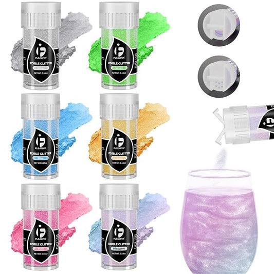 Edible Glitter for Cocktails, Edible Luster Dust 6 Colors, Food Grade Glimmer Sprinkles for Baking, Cakes, Strawberries, Beverage, Cookies, Candy, Chocolate, Vegan (5g/Bottle)