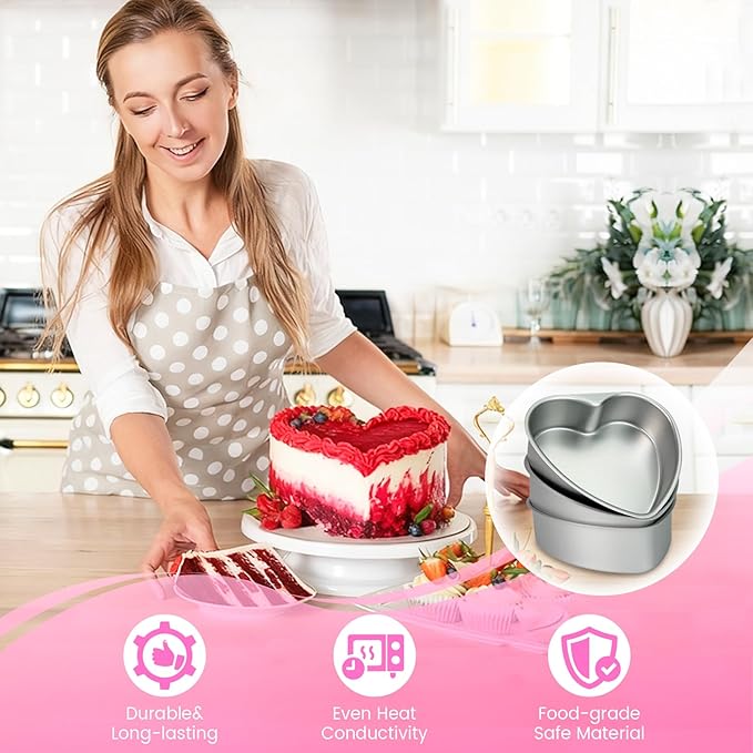 3 Pack 8 Inch Heart Shaped Cake Pans, Durable Anodized Aluminum Heart Cake Pans, Ideal for DIY, Birthdays & Weddings, Baking Pans Chiffon Cake Mold for Oven Baking (8" Fixed Bottom)