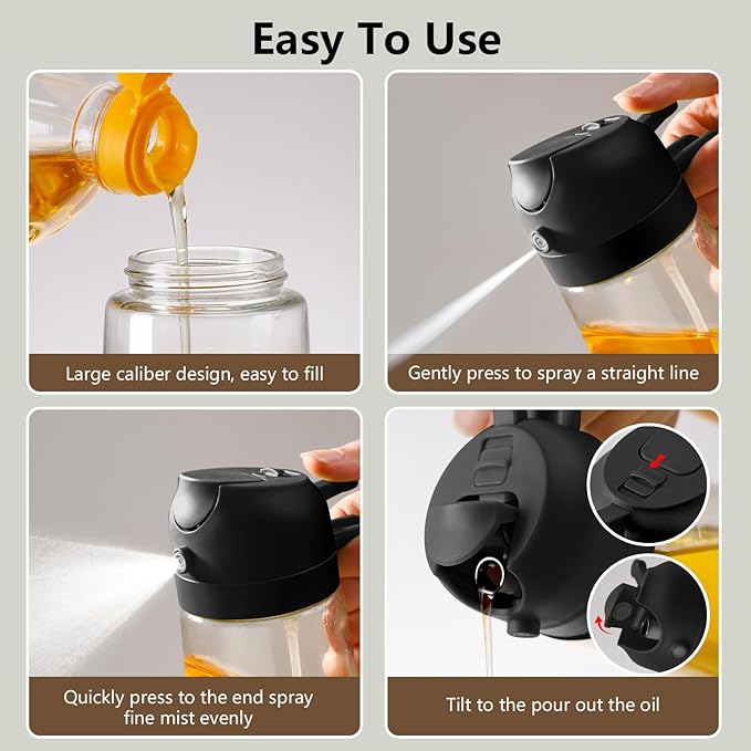 2PCS Oil Sprayer for Cooking, 16oz/470ml 2 In 1 Glass Olive Oil Sprayr & pourer for Kitchen, Air Fryer, Cooking, Salad, BBQ (Black,White)