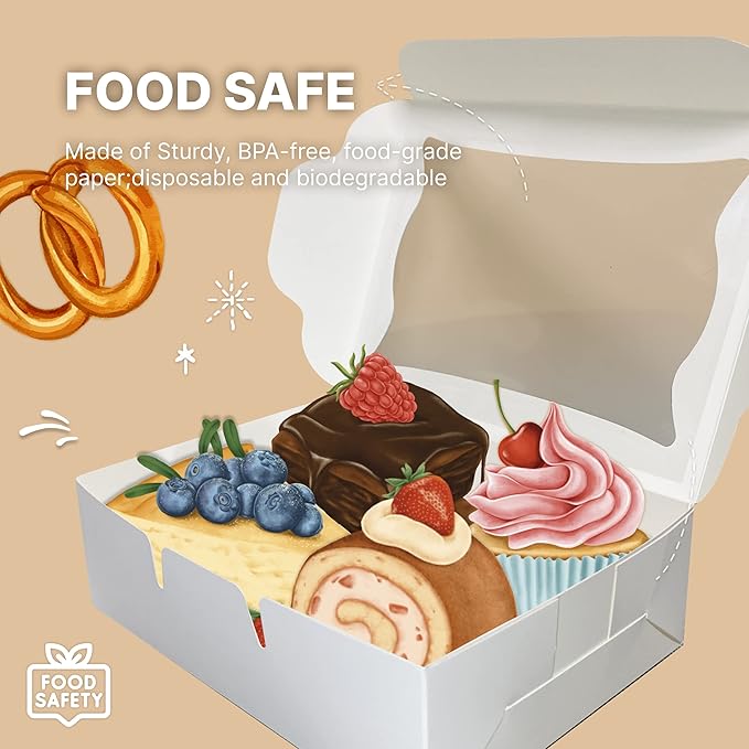 Bubbley White Paper Bakery Boxes - 25-Pack Pastry Boxes with Window for Cookies, Chocolate Covered Strawberries, Macarons, and Muffins, Dessert Disposable Packaging, 8 x 6 x 2.5 Inches
