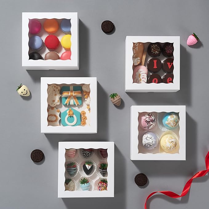 RomanticBaking 14pcs 7" x 7" x 2 1/2" Inches Bakery Boxes with Window for Pie, Cookies, Chocolate Covered Strawberries, Cakesickle, Brownies
