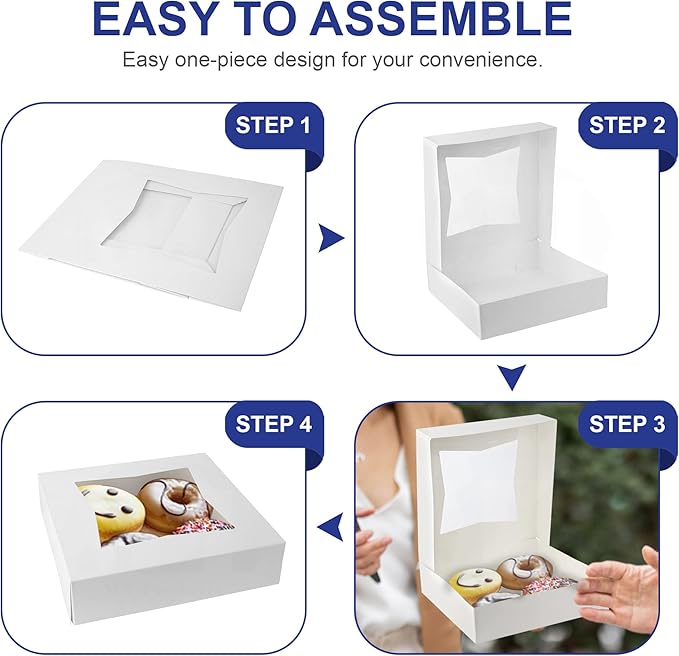 MT Products White Cookie Boxes - Size of 8" X 8" X 2.5" - (25 Pieces) Auto Pop-Up Bakery Boxes with Window - Made in the USA