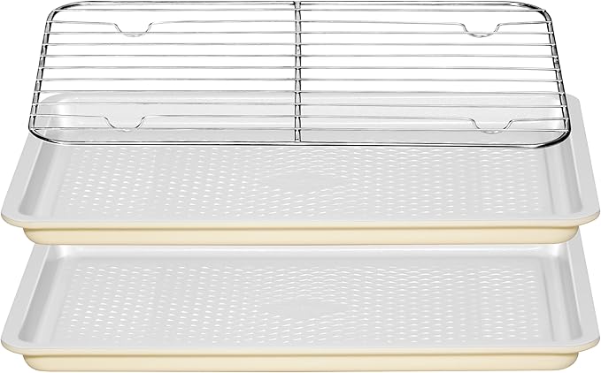 Nonstick Ceramic Baking Sheet with Rack, 2-Pack 13x9 Quarter Sheet Pan, Non-Toxic, PTFE & PFOA Free, Warp-Free, Oven Safe 550°F, Dishwasher Safe, Aluminized Steel, Gray Yellow