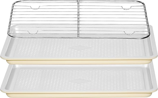 Nonstick Ceramic Baking Sheet with Rack, 2-Pack 13x9 Quarter Sheet Pan, Non-Toxic, PTFE & PFOA Free, Warp-Free, Oven Safe 550°F, Dishwasher Safe, Aluminized Steel, Gray Yellow