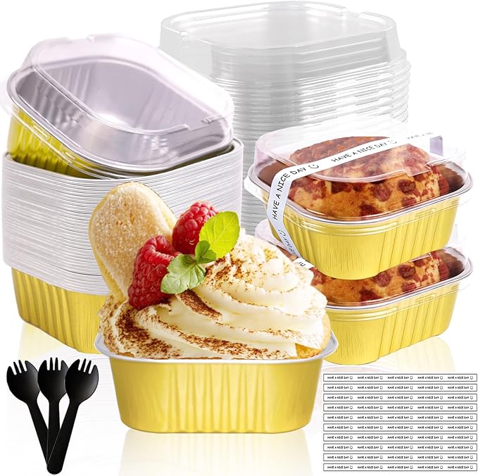 10oz Mini Cake Pans With Lids 50 Pack Aluminum Foil Square Brownie Baking Cups,Disposable Loaf Pans With Lids and Spoons Stickers,Large Cupcake Pans Muffin Tins Cake Container (Gold)