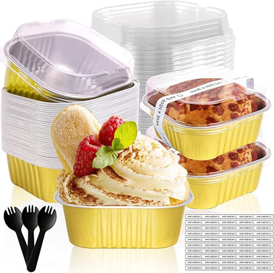10oz Mini Cake Pans With Lids 50 Pack Aluminum Foil Square Brownie Baking Cups,Disposable Loaf Pans With Lids and Spoons Stickers,Large Cupcake Pans Muffin Tins Cake Container (Gold)