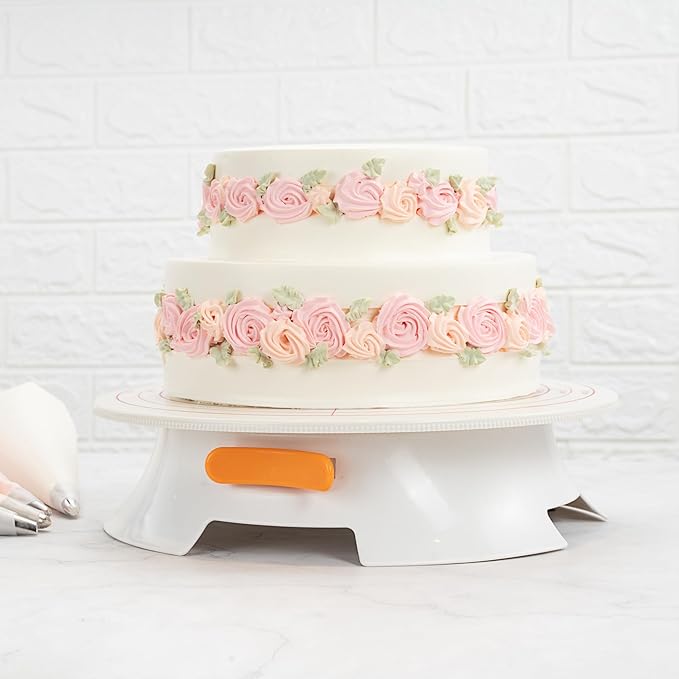 Restaurantware Pastry Tek 12 Inch Cake Turntable 1 Sturdy Rotating Cake Stand - Non-Slip Base With Locking Switch White Plastic Spinning Cake Stand For Decorating Cakes Cupcakes or Pastries