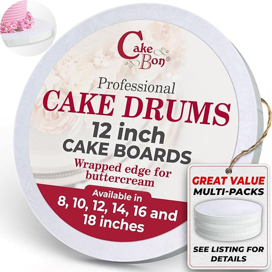 Cakebon Cake Boards - Sturdy 1/2 Thick Drums - 12 Inch Professional Fully Wrapped Edges White 12-Pack