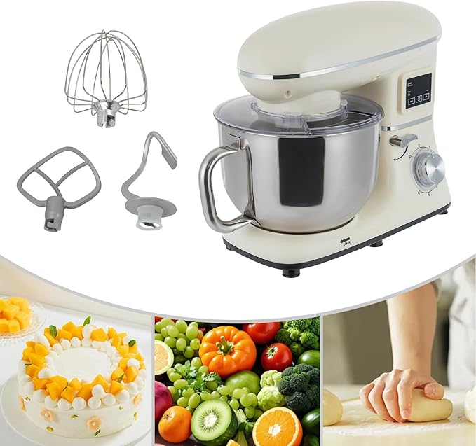 Stand Mixer, 6 +1 Speeds Electric Food Mixer, Portable Kitchen Mixer for Daily Use with Egg Whisk,Dough Hook,Flat Beater Used in Kitchens, Small Restaurants, Bakeries (White)