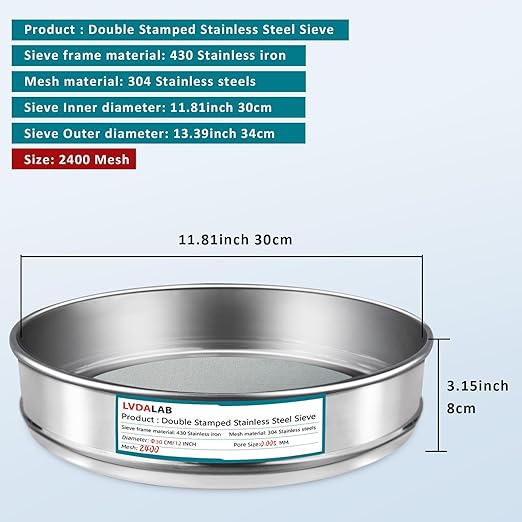 304 Stainless Steel Lab Sieve Screen Mesh, 2400 Mesh(0.005mm) Aperture Test Sieve, 12Inch(30cm) Diameter Economy Standard Analysis Sample Test Sieves for Industrial Laboratory Homes