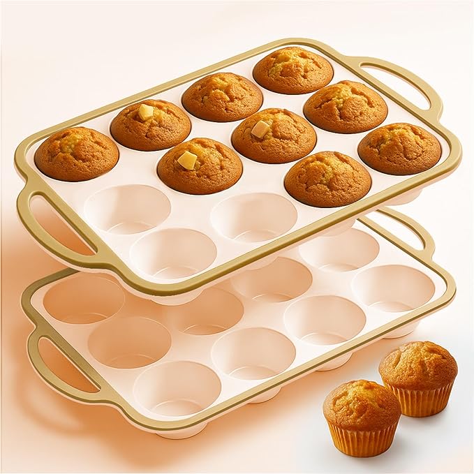 Silicone Muffin Pans for Baking 2 Pack, 2.6 Inch with Metal Reinforced Frame, Regular Size Nonstick Cupcake Pan 12 Cups for Baking Homemade Muffins, Dishwasher Safe BPA Free-Light Yellow