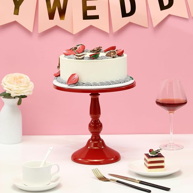 Set of 3 Red Cake Stands, QENUIITEA Metal Round Cake Holder Dessert Pie Pizza Display Stand 8" 10" 12" Serving Tray Decoration for Wedding Celebration Party Birthday Baby Shower