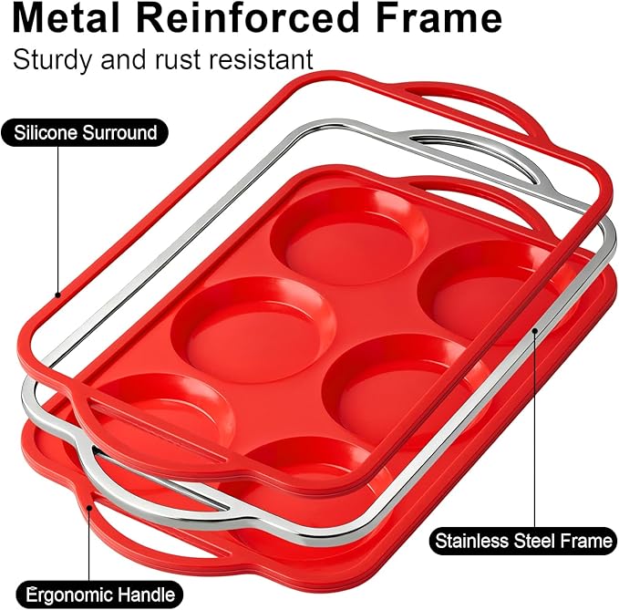 2 Pack 4 Inch Jumbo Size Muffin Top Pans with Metal Frames, Silicone Egg Molds for Breakfast Sandwiches, Egg Bite Baking Trays, BPA Free & Non-Stick