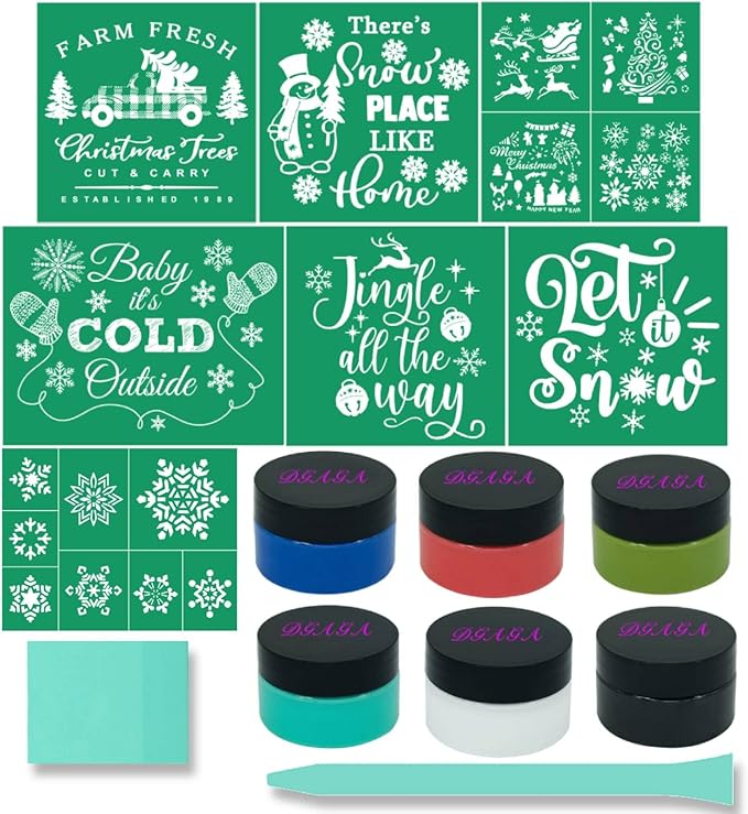 DGAGA 15PCS Christmas Silk Screen Stencils,Chalk Paste and Mesh Stencils Set Chalk Mesh Stencils Self Adhesive Stencils Reusable for Painting on DIY Wood Signs, Fabric,Home Decor,Chalk Paste WSHS18