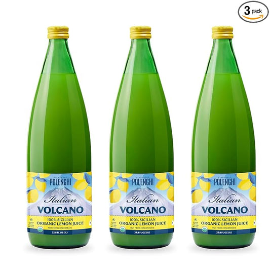 Organic Italian Volcano Lemon Juice, 33.8 Fl Oz (Pack of 3) – Pure Sicilian Lemons for Cooking, Baking, and Beverages