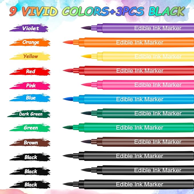 Food Coloring Pens, 12Pcs Double Sided Edible Food Coloring Markers with Fine and Thick Tip, Food Grade Gourmet Writers for DIY Cake Decorating, Cookies, Frosting, Fondant, Easter Eggs
