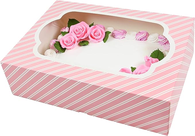 Global Sugar Art Auto-Popup Quarter Sheet Cake & Cupcake Box with Window and Cupcake Insert, Pink Striped 14 x 10 x 4 Inches, 5 Count