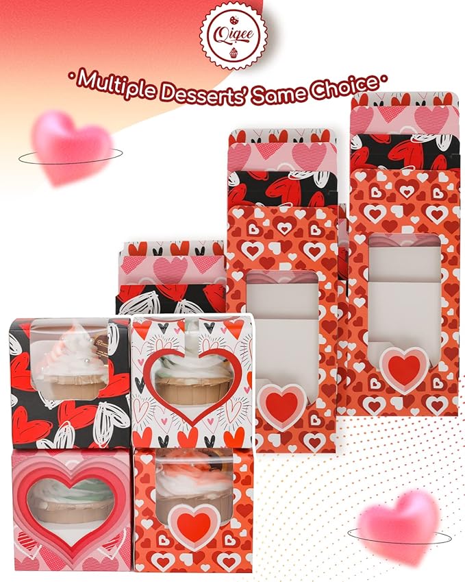 qiqee Valentine Cupcake Boxes Individual 60pcs Auto-Popup 3.5" x 3.5" x 3.5" Single Cupcake Carrier Container for Vanlentine ＆ Party