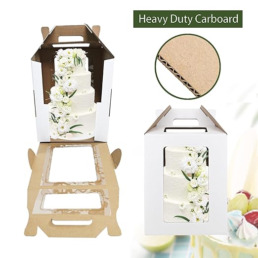 KBG Tall Cake Boxes for Tier Cakes 6pcs 14x14x16 and 16x16x18 Inches With Window With Handle,Disposable Large Cake Box for Wedding Cake Safe Transport Box